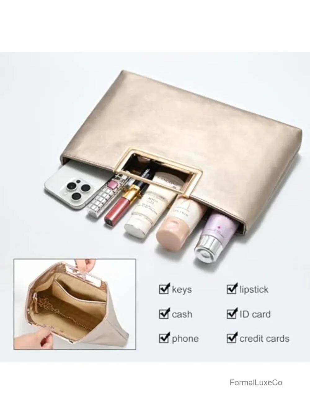Dressy Faux Leather Evening Clutch Crossbody Bag with Zipper